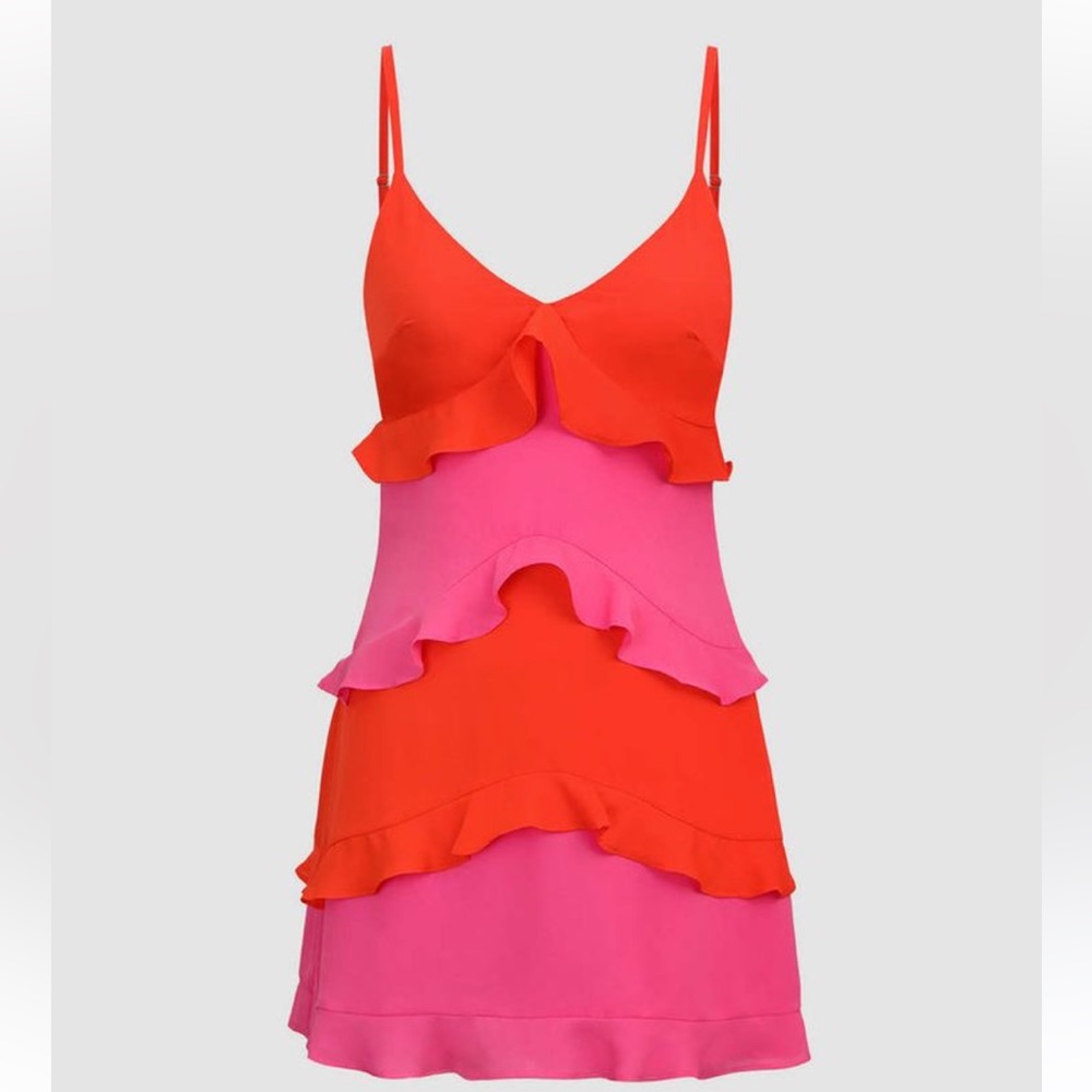 Micas Color Block Ruffle V-Neck Mini Two Tone Dress